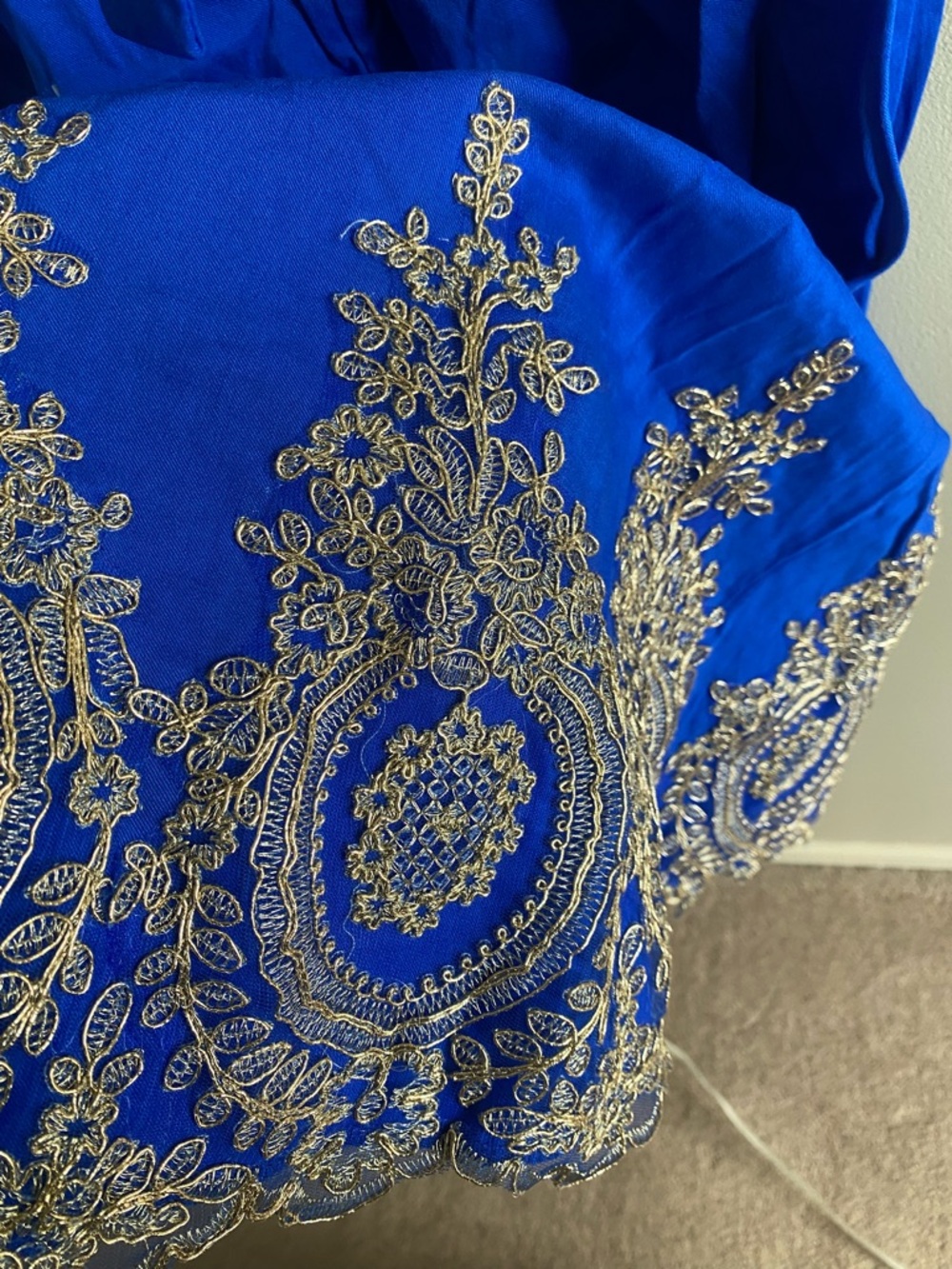 Deep Blue Halter Midi Dress‎ with Gold Embroidered Hem - Picture 10 of 11